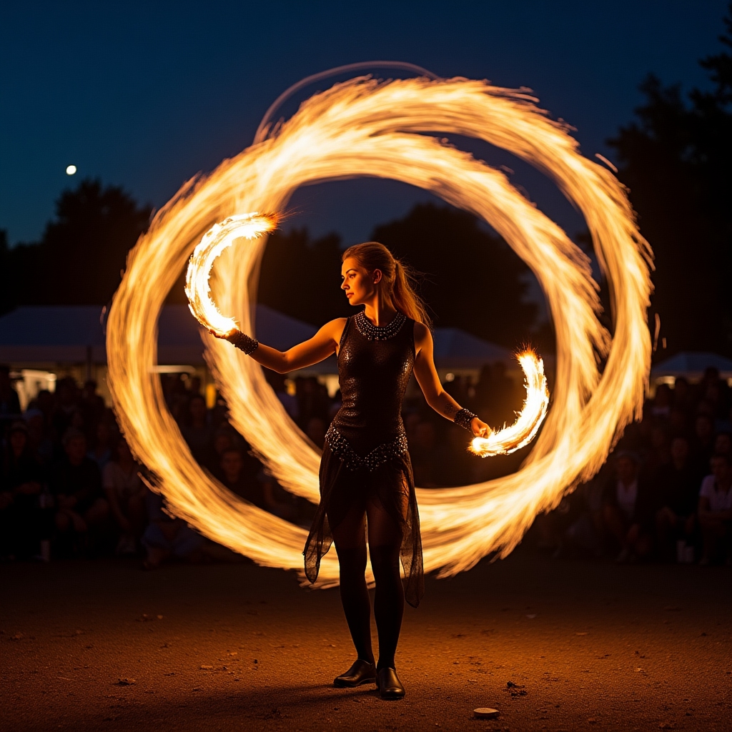 Фаєр шоу з вогняним мистецтвом вночі