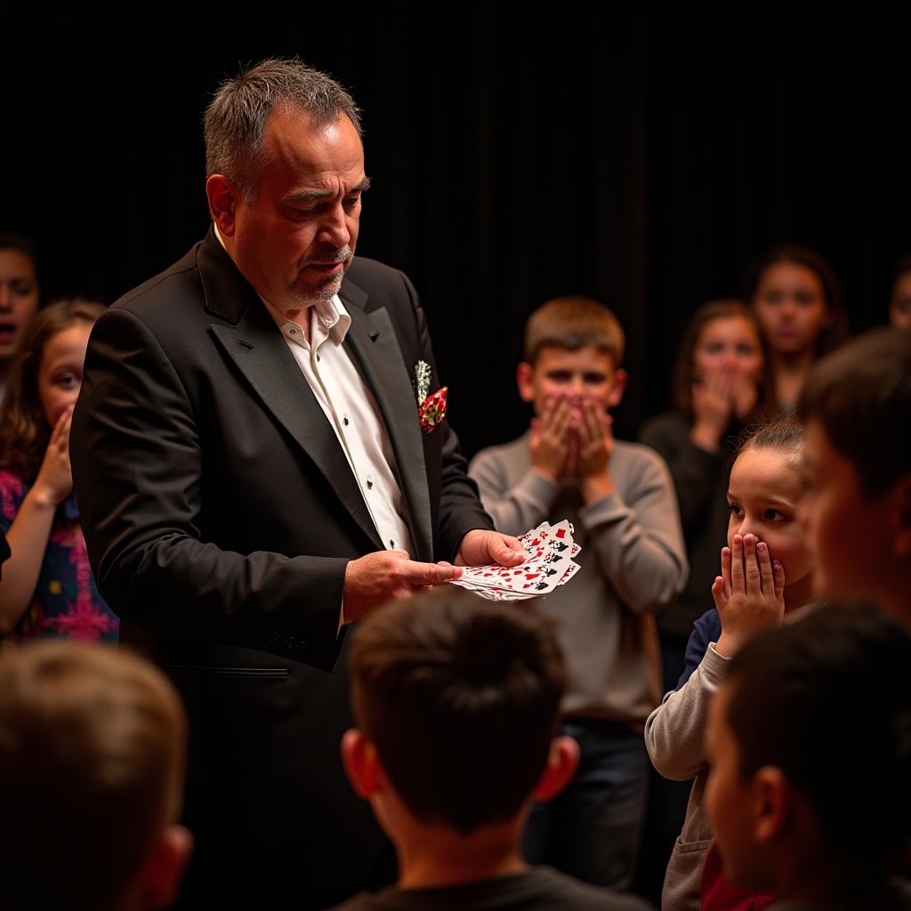 Фокусник показує трюки дітям на святі